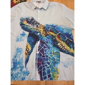 Ouku 2XL Mens Button up Shirt Sea Turtle All Over Print Hawaiian Blue